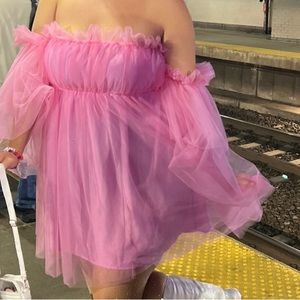 PINK Off Shoulder Flounce Long Sleeve Ruffle Mesh Party Mini Dress